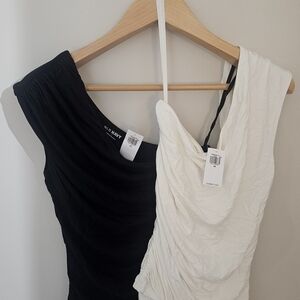 Old Navy 2PC Lot XS NWT Cropped Ruched One Shoulder Tanks Black & Cream